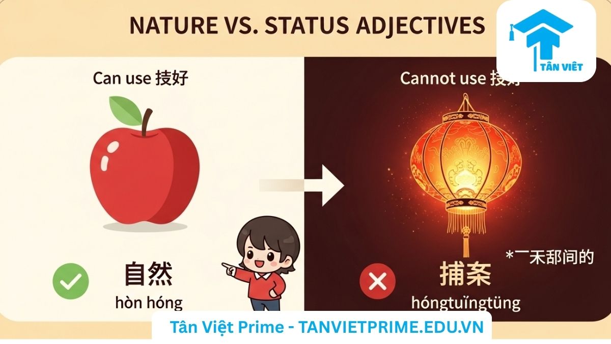 Sơ đồ giải thích sự khác biệt giữa tính từ tính chất (性质) và tính từ trạng thái (状态), mô tả bên trái là quả táo "đỏ" (红) có thể dùng với "rất" (很), bên phải là đèn lồng "đỏ rực" (红彤彤) không thể dùng với "rất", để làm rõ khi nào cần và không cần dùng phó từ 很. Phân loại tính từ tiếng Trung.