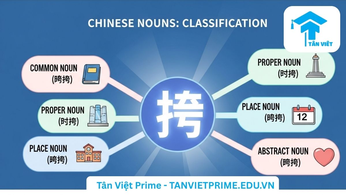 Danh Từ Tiếng Trung (名词): Cẩm Nang Toàn Diện A-Z 2 Infographic giải thích các loại danh từ trong tiếng Trung (名词), mô tả một sơ đồ tư duy với các biểu tượng chibi dễ thương minh họa 5 loại danh từ chính (chung, riêng, thời gian, nơi chốn, trừu tượng) để làm rõ cách phân loại danh từ một cách trực quan. Ngữ pháp tiếng Trung cơ bản.