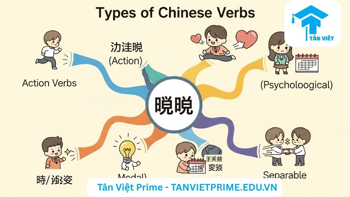 Hình ảnh minh họa giải thích cấu trúc của động từ ly hợp tiếng Trung, mô tả một nhân vật chibi tách từ "睡觉" (ngủ) thành hai phần để chèn các yếu tố như "了" hoặc thời lượng vào giữa, để làm rõ khái niệm và cách dùng động từ ly hợp (离合词). [Học động từ ly hợp, ngữ pháp tiếng Trung].