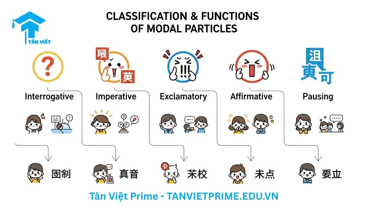 Infographic phân loại các trợ từ ngữ khí tiếng Trung theo chức năng chính (nghi vấn, cầu khiến, cảm thán, khẳng định, ngừng nghỉ), mô tả vai trò của từng loại trợ từ như 吗, 呢, 吧, 了, của, và ah để làm rõ cách chúng thay đổi sắc thái câu. Hỗ trợ học ngữ pháp hiệu quả.
