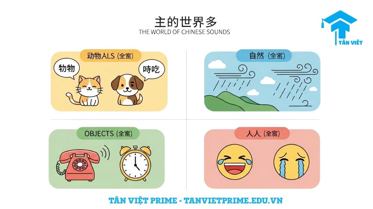 Infographic phân loại từ tượng thanh tiếng Trung thành 4 nhóm chính, mô tả các hình ảnh chibi dễ thương cho mỗi loại: Động vật (mèo, chó), Tự nhiên (mưa, gió), Sự vật (đồng hồ), và Con người (cười, khóc), giúp người học nhận biết và ghi nhớ từ vựng theo chủ đề.