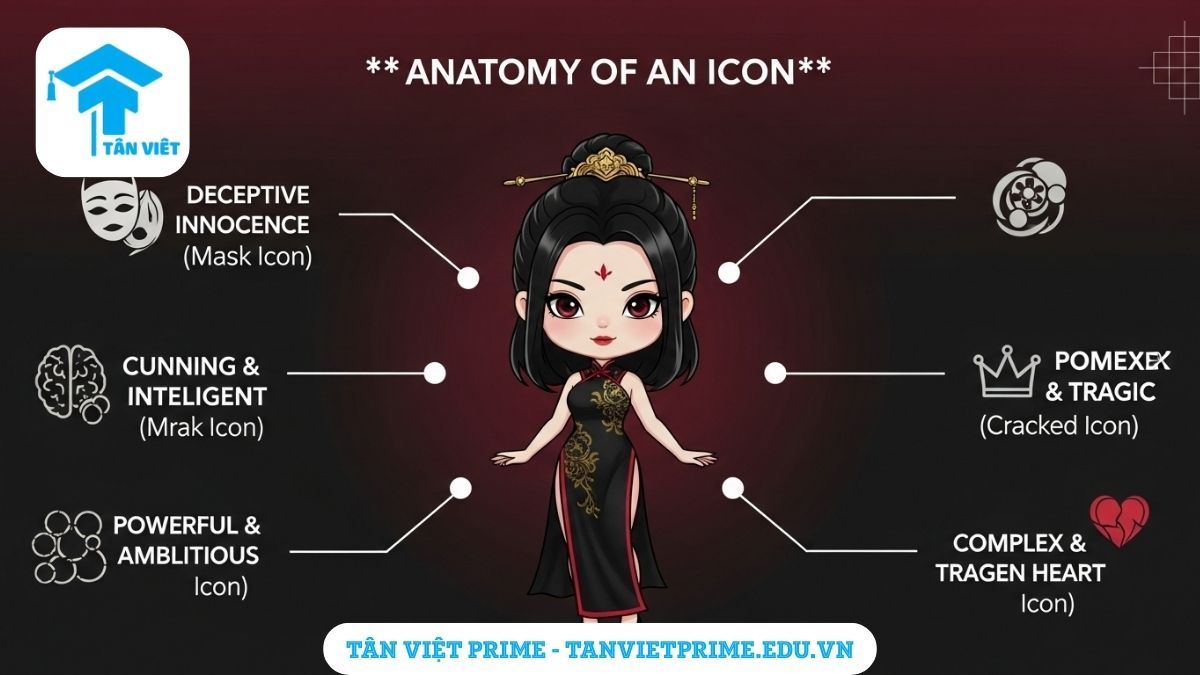 Liễu Như Yên Là Ai? Giải Mã "Hệ Tư Tưởng" Phản Diện Gây Bão TikTok Từ A-Z 2 Infographic giải thích các đặc điểm của nhân vật Liễu Như Yên, mô tả hình ảnh nhân vật chibi với các chú thích về tính cách như mưu mô, quyền lực, thông minh và phức tạp để làm rõ sức hút đa chiều của hình mẫu phản diện này. Phân tích Liễu Như Yên là ai.