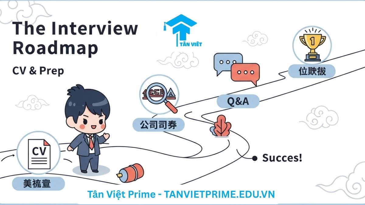 Từ Vựng Phỏng Vấn Tiếng Trung & Cách Trả Lời Ghi Điểm Tuyệt Đối 2 Infographic giải thích lộ trình phỏng vấn tiếng Trung, mô tả một nhân vật chibi đi theo con đường từ bước chuẩn bị CV, nghiên cứu công ty, trả lời câu hỏi đến khi thành công, nhằm làm rõ các giai đoạn chinh phục nhà tuyển dụng. Cung cấp bí quyết phỏng vấn xin việc hiệu quả.
