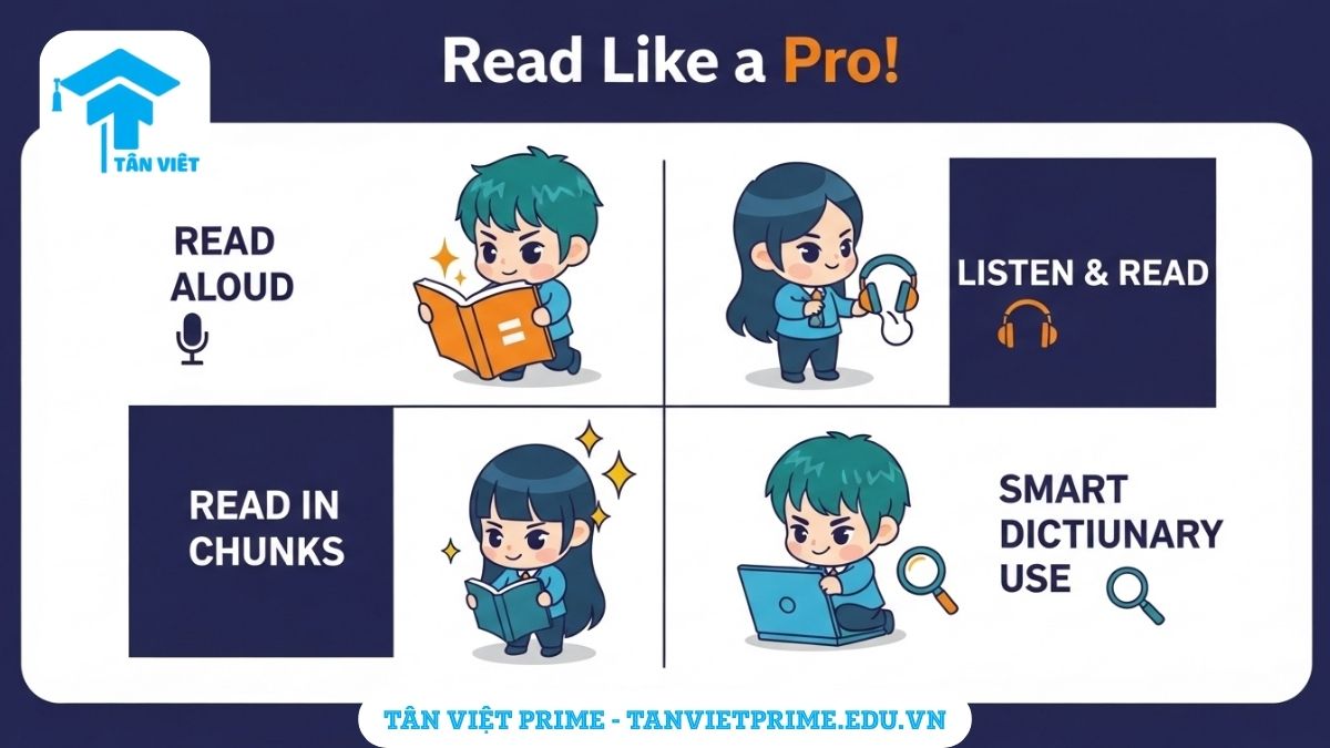 Sơ đồ minh họa giải thích các phương pháp luyện đọc hiểu tiếng Hàn, mô tả bốn ô vuông minh họa các kỹ thuật: đọc to, vừa nghe vừa đọc, đọc theo cụm, và tra từ điển thông minh để làm rõ các phương pháp thực hành hiệu quả để cải thiện kỹ năng đọc. Phương pháp đọc hiểu tiếng Hàn.