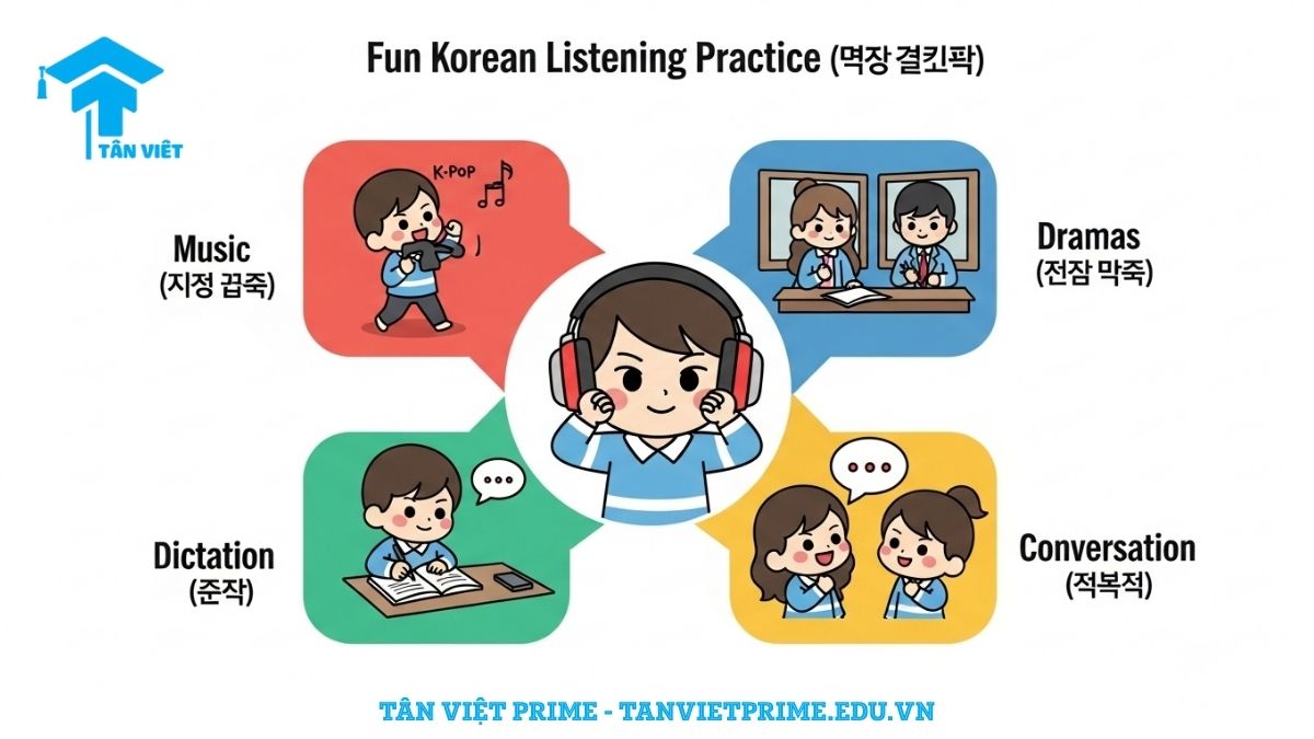 Hình ảnh minh họa giải thích các phương pháp luyện nghe tiếng Hàn, mô tả một nhân vật chibi ở trung tâm và các hoạt động xung quanh như nghe K-pop, xem phim, chép chính tả, giao tiếp để làm rõ những cách học đa dạng và thú vị.