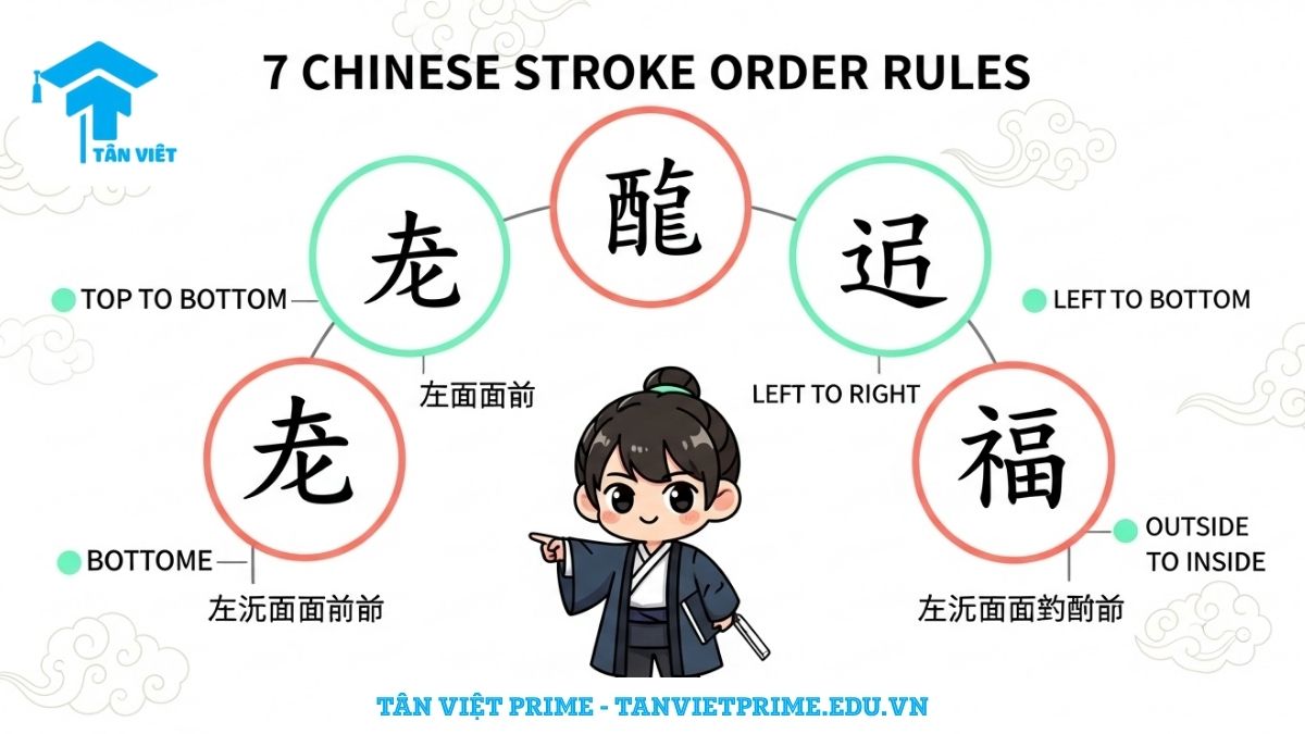 Infographic giải thích 7 quy tắc bút thuận chữ Hán, mô tả một nhân vật chibi dễ thương đang chỉ vào các ví dụ minh họa cho từng quy tắc như "ngang trước sổ sau", "trái trước phải sau". Hình ảnh giúp người mới bắt đầu dễ dàng ghi nhớ thứ tự viết chữ Hán.