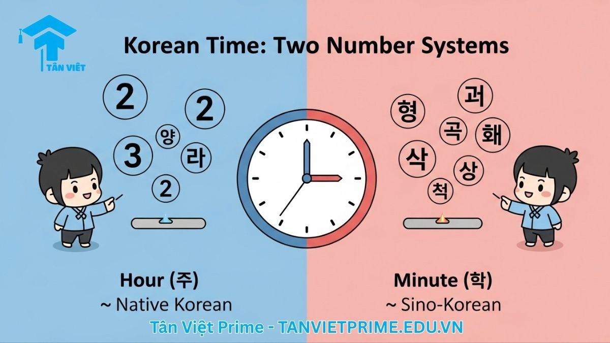 Infographic giải thích quy tắc số đếm khi nói giờ tiếng Hàn, mô tả một bên là số Thuần Hàn dùng cho Giờ (시) và bên kia là số Hán Hàn dùng cho Phút (분), để làm rõ sự khác biệt cốt lõi giữa hai hệ thống số. Giúp người học tránh nhầm lẫn cơ bản nhất khi học về thời gian.