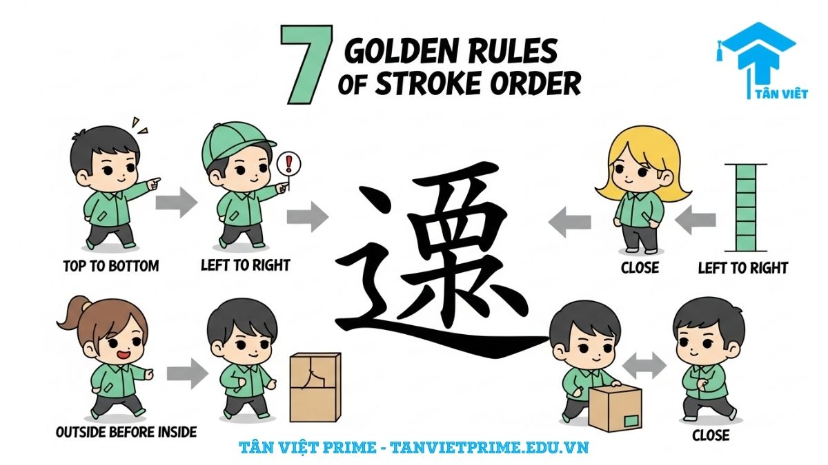 Infographic giải thích các quy tắc viết chữ Hán, mô tả 7 nhân vật chibi minh họa 7 quy tắc bút thuận cơ bản (trên trước, trái trước, ngoài trước...), làm rõ thứ tự viết nét chuẩn xác. Giúp người mới bắt đầu luyện viết chữ Hán đẹp và đúng.