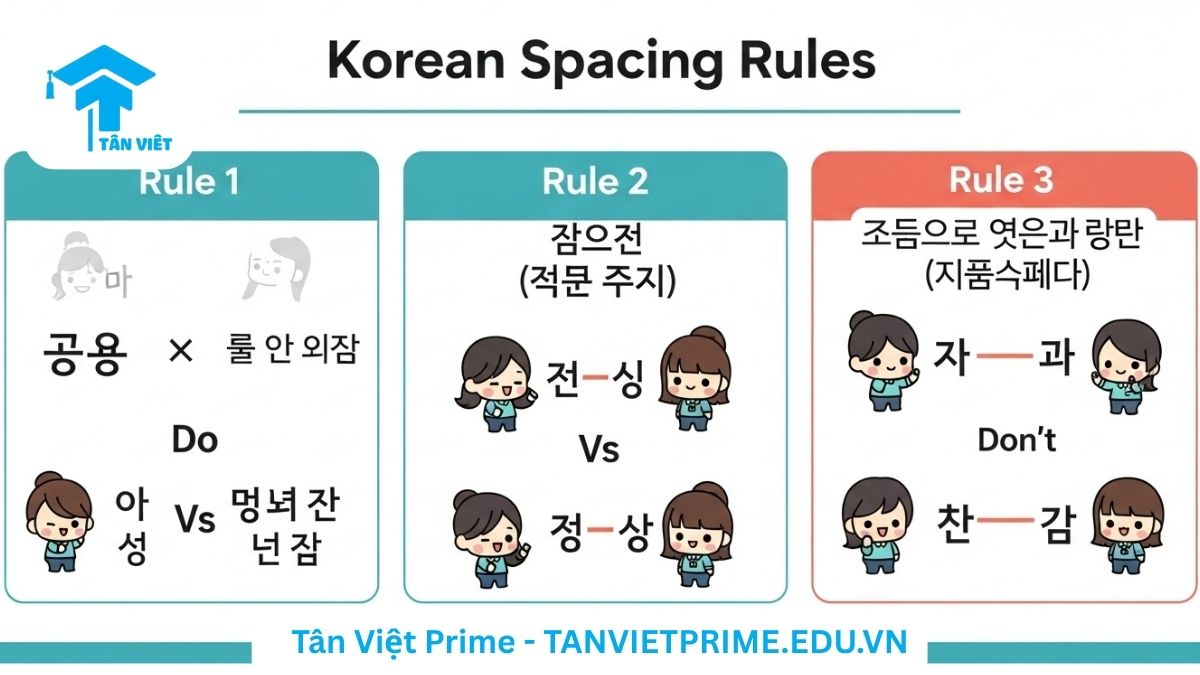 Luyện Viết Tiếng Hàn: Hướng Dẫn Toàn Diện từ A-Z để Chinh Phục TOPIK 2 Infographic giải thích 3 quy tắc khoảng cách khi luyện viết tiếng Hàn, mô tả các ví dụ đúng (✅) và sai (❌) về cách viết liền từ, trợ từ và ngắt nghỉ giữa các thành phần câu để làm rõ cách viết đúng chuẩn ngữ pháp.