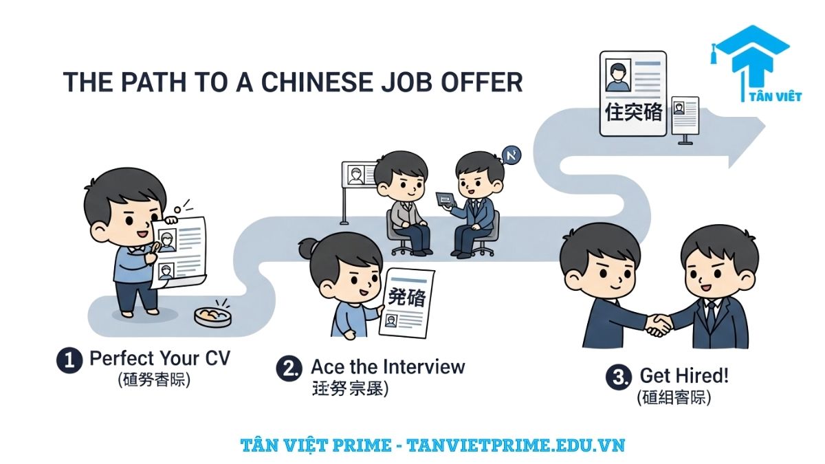 Phỏng Vấn Tiếng Trung: Cẩm Nang A-Z Chinh Phục Nhà Tuyển Dụng (2025) 2 Infographic giải thích quy trình phỏng vấn tiếng Trung, mô tả một hành trình 3 bước từ chuẩn bị CV, phỏng vấn, đến được tuyển dụng để làm rõ các giai đoạn cần thiết để chinh phục nhà tuyển dụng. Giúp ứng viên có cái nhìn tổng quan.