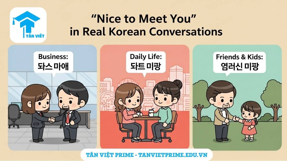 nfographic giải thích các tình huống nói "Rất vui được gặp bạn" tiếng Hàn, mô tả 3 cảnh: gặp đối tác, gặp bạn mới, và chào một đứa trẻ, để làm rõ cách dùng phù hợp trong giao tiếp thực tế.