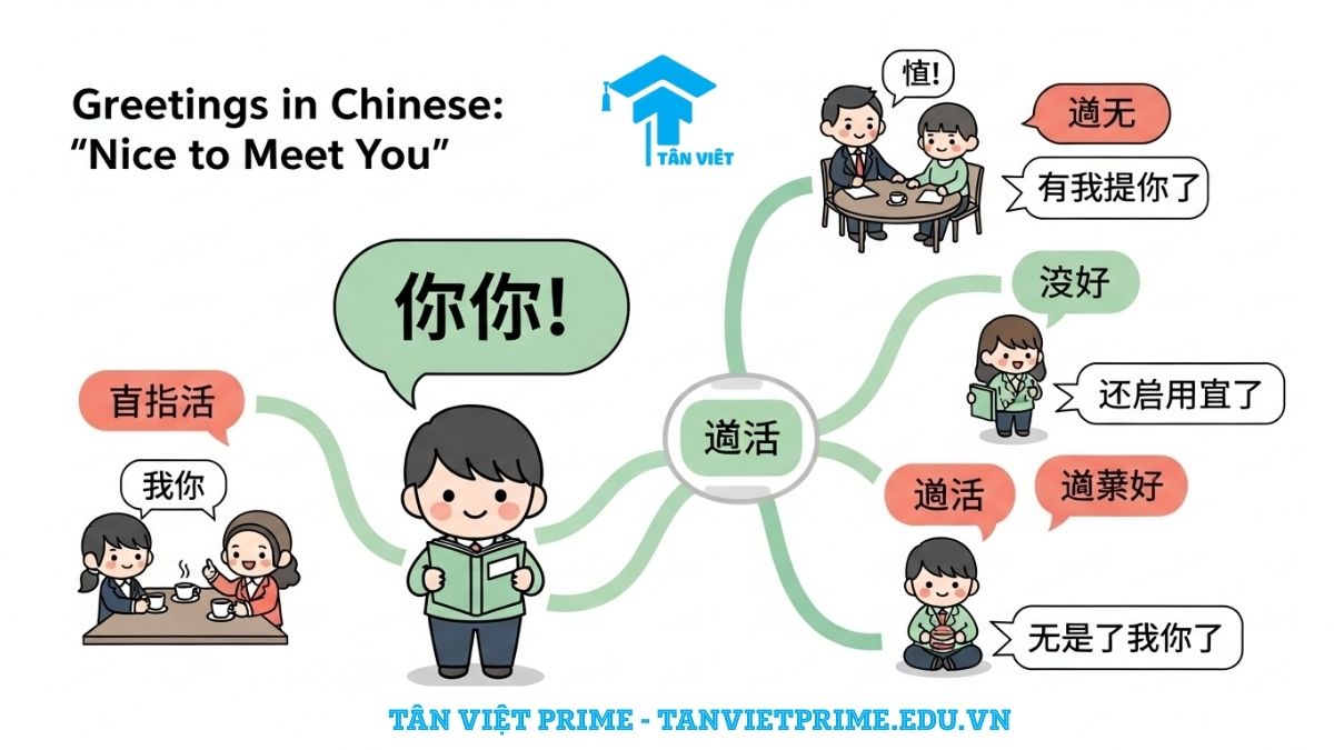 Sơ đồ tư duy giải thích các cách nói "Rất vui được gặp bạn" tiếng Trung, mô tả một nhân vật trung tâm và các nhánh dẫn đến các tình huống giao tiếp khác nhau để làm rõ sự đa dạng của các mẫu câu. Cung cấp lộ trình học từ vựng trực quan.