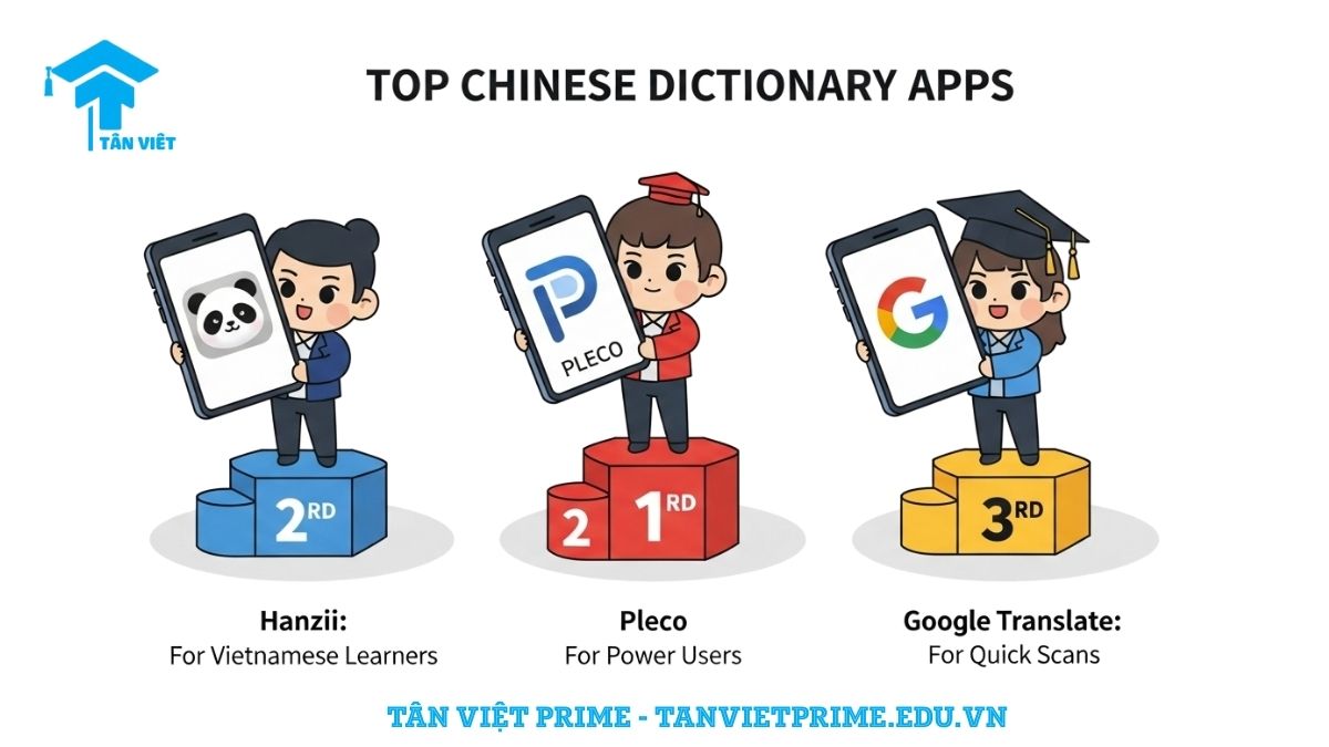 Top 12+ Từ Điển Tiếng Trung Online & App Miễn Phí, Tốt Nhất 2025 2 Infographic so sánh các app từ điển tiếng Trung, mô tả ba nhân vật chibi đại diện cho Hanzii, Pleco và Google Dịch đứng trên bục vinh danh, làm rõ điểm mạnh và đối tượng phù hợp của từng ứng dụng.