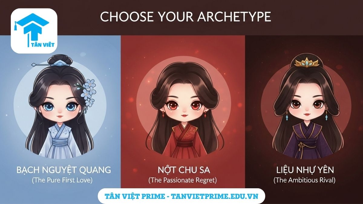 Liễu Như Yên Là Ai? Giải Mã "Hệ Tư Tưởng" Phản Diện Gây Bão TikTok Từ A-Z 3 Sơ đồ so sánh giải thích sự khác biệt giữa Liễu Như Yên, Bạch Nguyệt Quang và Nốt Chu Sa, mô tả ba nhân vật chibi đại diện cho ba hình mẫu với màu sắc và biểu cảm đặc trưng để làm rõ vai trò và tính cách của từng kiểu nhân vật kinh điển. Bạch Nguyệt Quang và Nốt Chu Sa là ai.