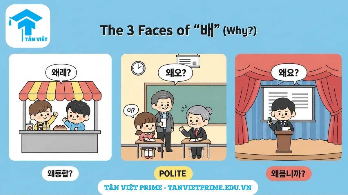 Infographic giải thích 3 cấp độ của "Tại sao" tiếng Hàn, mô tả 3 nhân vật chibi trong các bối cảnh khác nhau (thân mật, lịch sự, trang trọng) để làm rõ cách dùng 왜?, 왜요?, và 왜입니까? đúng ngữ cảnh.