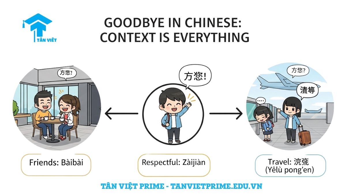 10+ Cách Nói "Tạm Biệt" Tiếng Trung: Phân Biệt Zàijiàn, Bàibài, Bǎozhòng 2 Infographic giải thích các cách nói tạm biệt tiếng Trung, mô tả một sơ đồ với 3 tình huống (bạn bè, trang trọng, du lịch) để làm rõ cách chọn câu chào phù hợp như Bàibài, Zàijiàn, hay Yīlù píng'ān. Giúp người học giao tiếp tự nhiên.