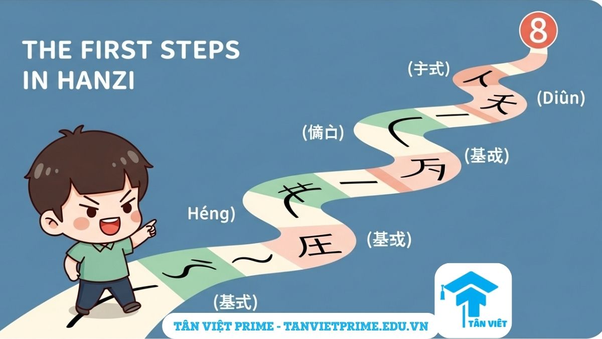 Tập Viết Chữ Hán: Hướng Dẫn Toàn Diện A-Z Cho Người Mới Bắt Đầu 2 Infographic giải thích 8 nét bút cơ bản trong tiếng Trung, mô tả một nhân vật chibi dễ thương đang đi trên con đường được tạo thành từ 8 nét bút để làm rõ các thành phần nền tảng để tập viết chữ Hán. Giúp người mới bắt đầu ghi nhớ các nét cơ bản.