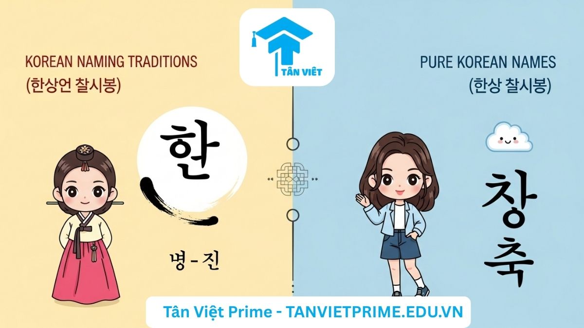 Sơ đồ so sánh giải thích hai loại tên tiếng Hàn cho nữ, mô tả một bên là bé gái mặc Hanbok với tên Hanja, bên còn lại là bé gái mặc đồ hiện đại với tên thuần Hàn để làm rõ sự khác biệt giữa tên Hanja truyền thống và tên thuần Hàn hiện đại. Hiểu rõ hơn về văn hóa đặt tên Hàn Quốc.