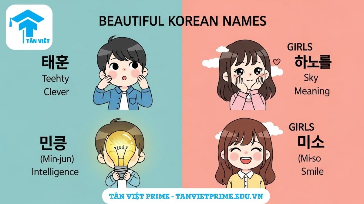 Hình ảnh minh họa các tên tiếng Hàn hay cho nam và nữ, mô tả các nhân vật chibi đại diện cho ý nghĩa của những cái tên như "Tae-hyun" (Vĩ đại) và "Haneul" (Bầu trời) để làm rõ và gợi ý những tên đẹp cho người học.