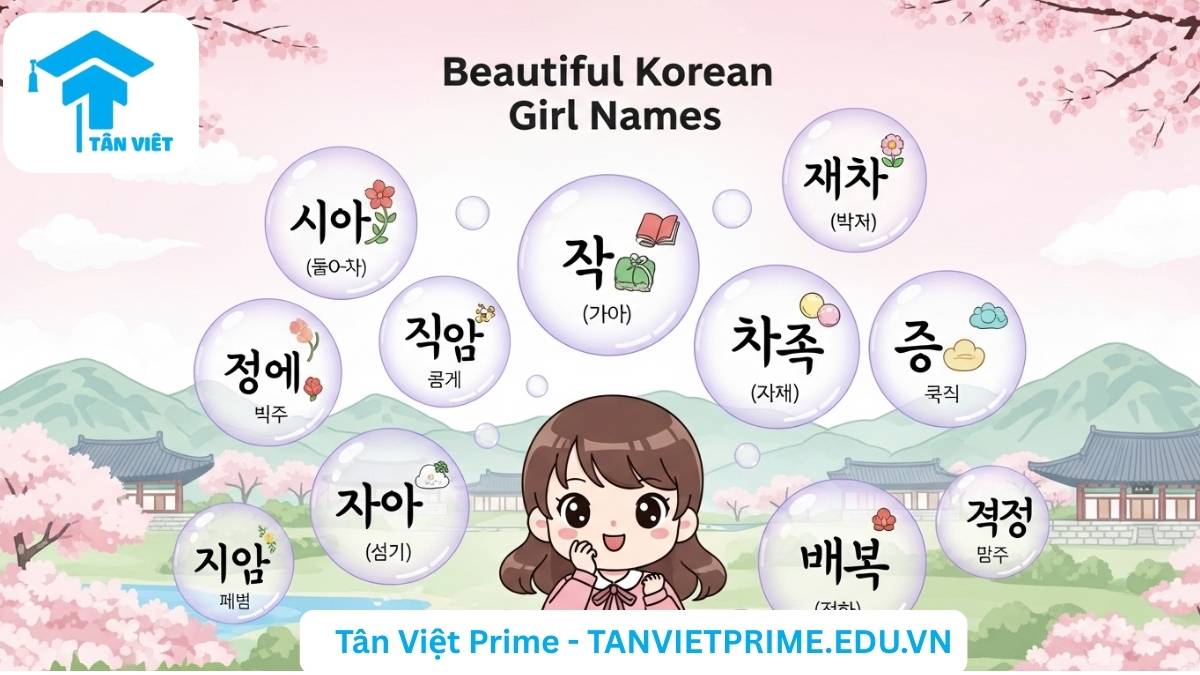 Infographic giải thích chủ đề tên tiếng Hàn hay cho nữ, mô tả một bé gái chibi dễ thương được bao quanh bởi các bong bóng chứa tên tiếng Hàn và biểu tượng ý nghĩa để làm rõ sự đa dạng và vẻ đẹp trong cách đặt tên con gái Hàn Quốc. Khám phá những cái tên ý nghĩa và hợp mốt.