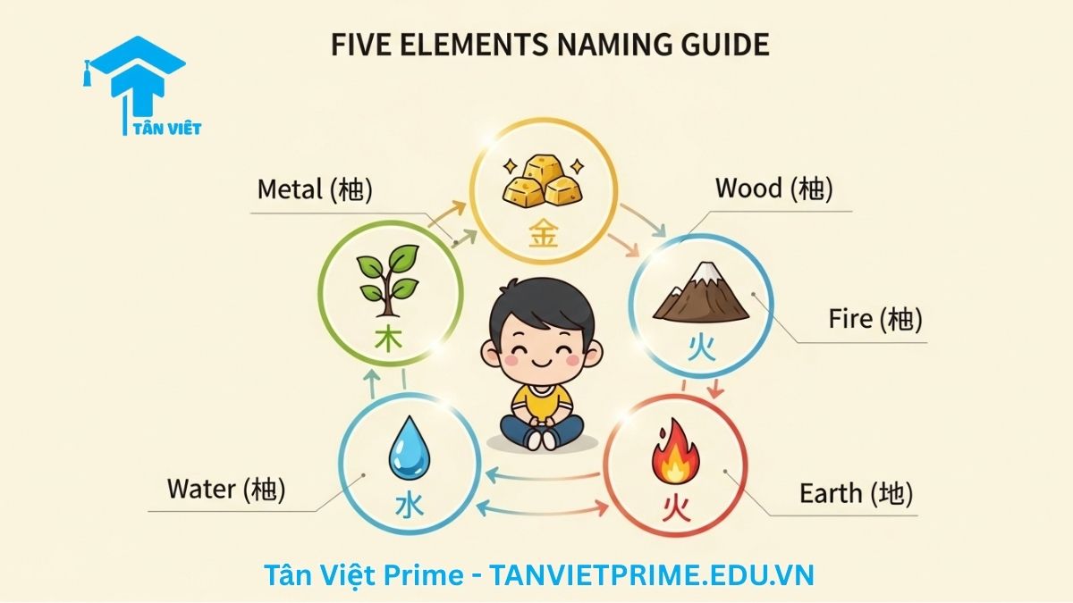 Infographic giải thích Ngũ Hành (Kim, Mộc, Thủy, Hỏa, Thổ) trong việc đặt tên tiếng Trung cho nam, mô tả sơ đồ 5 vòng tròn tương sinh với các biểu tượng chibi cho từng hành để làm rõ tầm quan trọng của việc cân bằng các yếu tố phong thủy để mang lại may mắn. Hướng dẫn chọn tên hợp mệnh, chuẩn phong thủy.