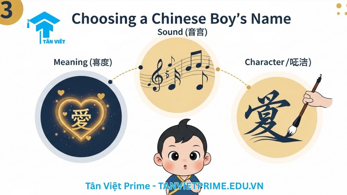 Infographic giải thích ba nguyên tắc cốt lõi khi đặt tên tiếng Trung cho nam, mô tả một em bé trai chibi và ba biểu tượng cho Ý nghĩa (trái tim), Âm điệu (nốt nhạc), và Ký tự (bút lông) để làm rõ tầm quan trọng của việc cân bằng ý nghĩa, âm điệu và hình thức ký tự. Giúp chọn tên hay và ý nghĩa cho bé trai