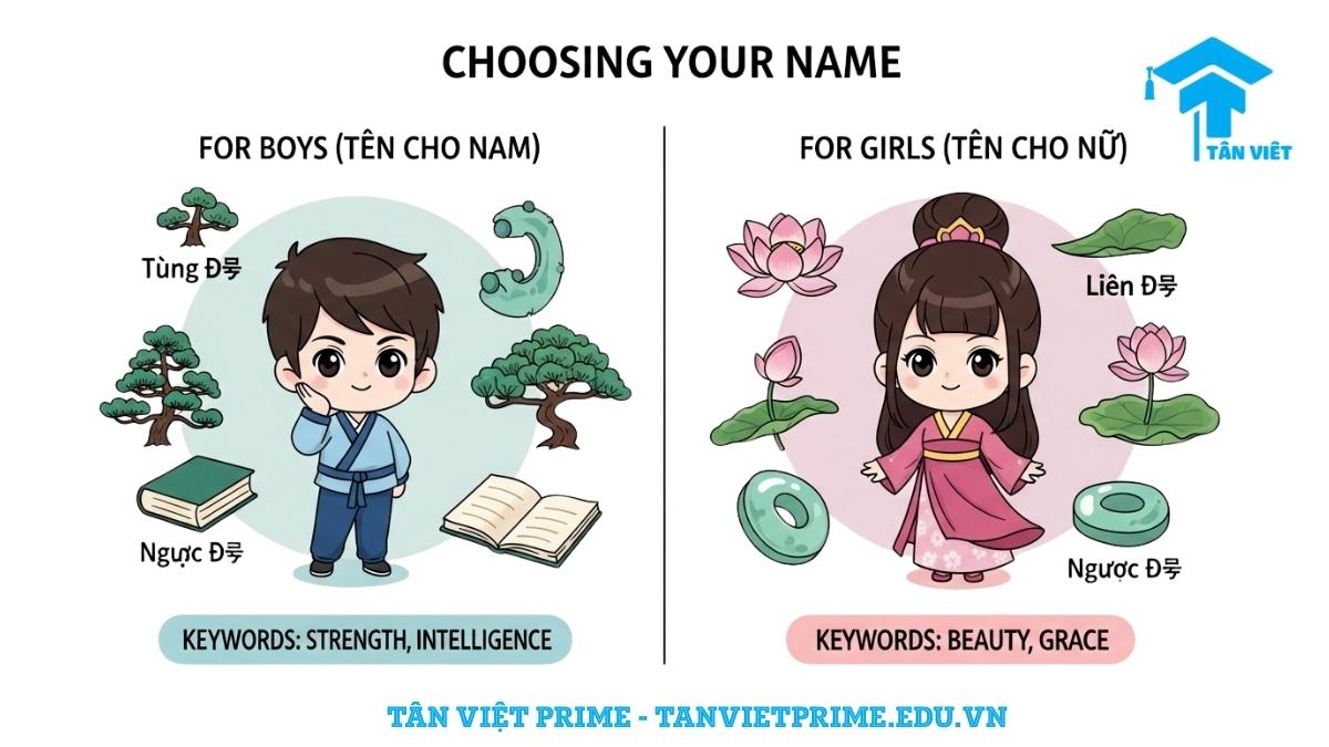 Dịch Tên Tiếng Trung Sang Tiếng Việt: Hướng Dẫn Tra Cứu & Giải Mã Ý Nghĩa A-Z 3 Infographic giải thích cách chọn tên tiếng Trung hay cho nam và nữ, mô tả việc so sánh các biểu tượng và chữ Hán thường dùng cho tên nam (mạnh mẽ) và tên nữ (thanh tao) để làm rõ sự khác biệt về ý nghĩa và phẩm chất trong tên gọi theo giới tính. Gợi ý những cái tên Hán Việt đẹp nhất.