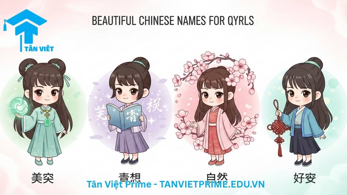 Infographic giải thích các chủ đề phổ biến khi đặt tên tiếng Trung cho nữ, mô tả bốn bé gái chibi tượng trưng cho Vẻ Đẹp (美), Trí Tuệ (慧), Thiên Nhiên (然), và May Mắn (福) để làm rõ các ý nghĩa cốt lõi đằng sau những cái tên hay. Gợi ý đặt tên tiếng Hoa cho bé gái.