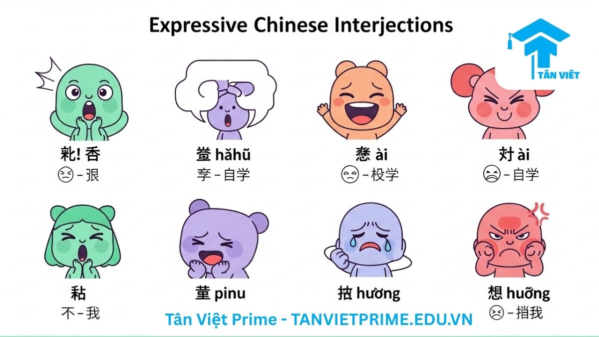 Infographic giải thích các thán từ tiếng Trung thông dụng, mô tả bốn nhân vật chibi dễ thương đang biểu lộ cảm xúc ngạc nhiên, vui vẻ, buồn bã và tức giận, với các chú thích rõ ràng bằng chữ Hán, Pinyin và icon để làm rõ cách dùng từ cảm thán để biểu đạt cảm xúc tức thời. Hình ảnh giúp người học ghi nhớ từ vựng một cách trực quan và sinh động.