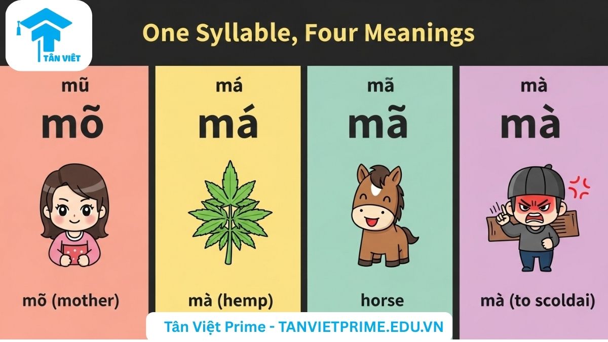 Thanh Điệu Tiếng Trung Toàn Tập: Hướng Dẫn Phát Âm, Pinyin & Biến Điệu 3 Hình ảnh minh họa tầm quan trọng của thanh điệu tiếng Trung, mô tả bốn hình ảnh chibi cho từ "ma" (mẹ, cây gai, ngựa, mắng) để cho thấy sự thay đổi ý nghĩa khi thanh điệu khác nhau.