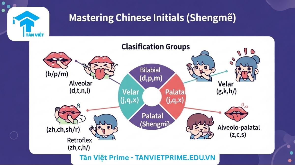 Infographic giải thích Thanh mẫu Tiếng Trung, mô tả 6 nhóm phụ âm chính với hình ảnh chibi minh họa khẩu hình, để làm rõ cách phân loại và phát âm. Giúp người học nắm vững phát âm Pinyin cơ bản.