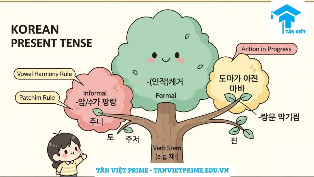 Infographic giải thích Thì Hiện Tại Tiếng Hàn, mô tả một cây ngữ pháp minh họa cách gốc động từ chia thành các đuôi câu thân mật -아요/어요, trang trọng -(스)ㅂ니다, và tiếp diễn -고 있다 để làm rõ các quy tắc chia động từ. Giúp người mới bắt đầu hình dung ngữ pháp một cách trực quan.