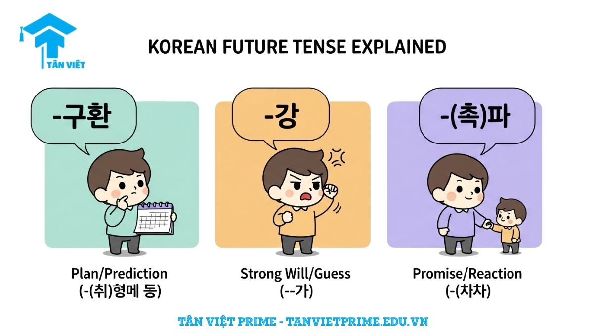 Infographic giải thích Thì Tương Lai Tiếng Hàn, mô tả ba nhân vật chibi minh họa cho ba cấu trúc: -(으)ㄹ 거예요 (kế hoạch), -겠다 (ý chí), và -(으)ㄹ게요 (lời hứa). Giúp phân biệt cách dùng một cách trực quan.