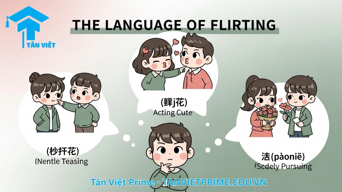 100+ Câu Thả Thính Tiếng Trung & Bí Kíp Tán Tỉnh Như Người Bản Xứ 2 Infographic giải thích các thuật ngữ thả thính tiếng Trung, mô tả các nhân vật chibi minh họa cho các từ 撩 (liāo), 撒娇 (sājiāo), và 泡妞 (pàoniū) để làm rõ sắc thái ý nghĩa khác nhau của từng khái niệm trong văn hóa giao tiếp Trung Quốc.