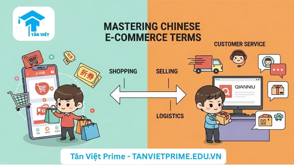 Hình ảnh minh họa các thuật ngữ tiếng Trung E-commerce, mô tả hành động mua hàng (Taobao), bán hàng (Qianniu), vận chuyển và dịch vụ khách hàng với các nhân vật chibi đáng yêu, để giúp người đọc dễ hình dung quy trình giao dịch. Hỗ trợ kinh doanh và học tiếng Trung hiệu quả.