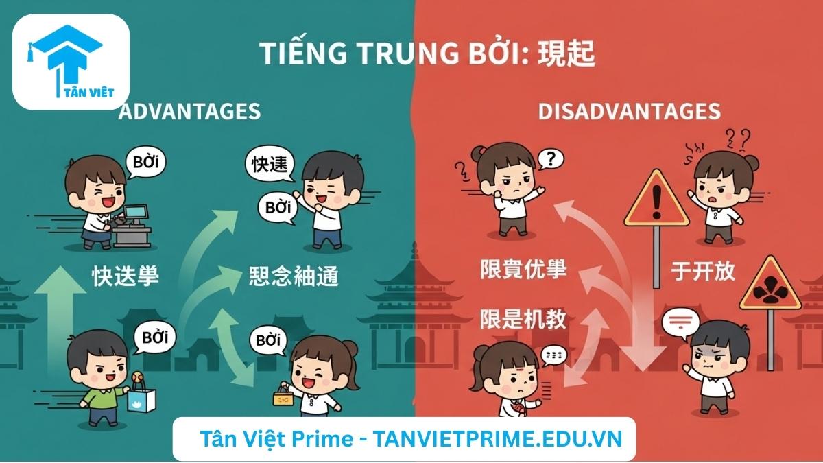 Infographic minh họa các ưu và nhược điểm của việc học "Tiếng Trung Bồi", mô tả lợi ích giao tiếp nhanh chóng cùng những hạn chế về phát âm, phạm vi sử dụng và kỹ năng viết. Hình ảnh theo phong cách chibi dễ thương, màu sắc hiện đại.