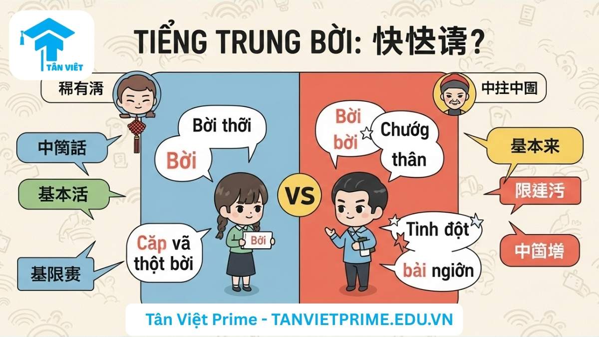 Infographic giải thích khái niệm "Tiếng Trung Bồi", mô tả sự khác biệt giữa phiên âm tiếng Việt và tiếng Trung chuẩn, cùng với các ưu và nhược điểm của phương pháp này trong giao tiếp cơ bản nhưng còn hạn chế. Minh họa theo phong cách chibi hiện đại, dễ thương
