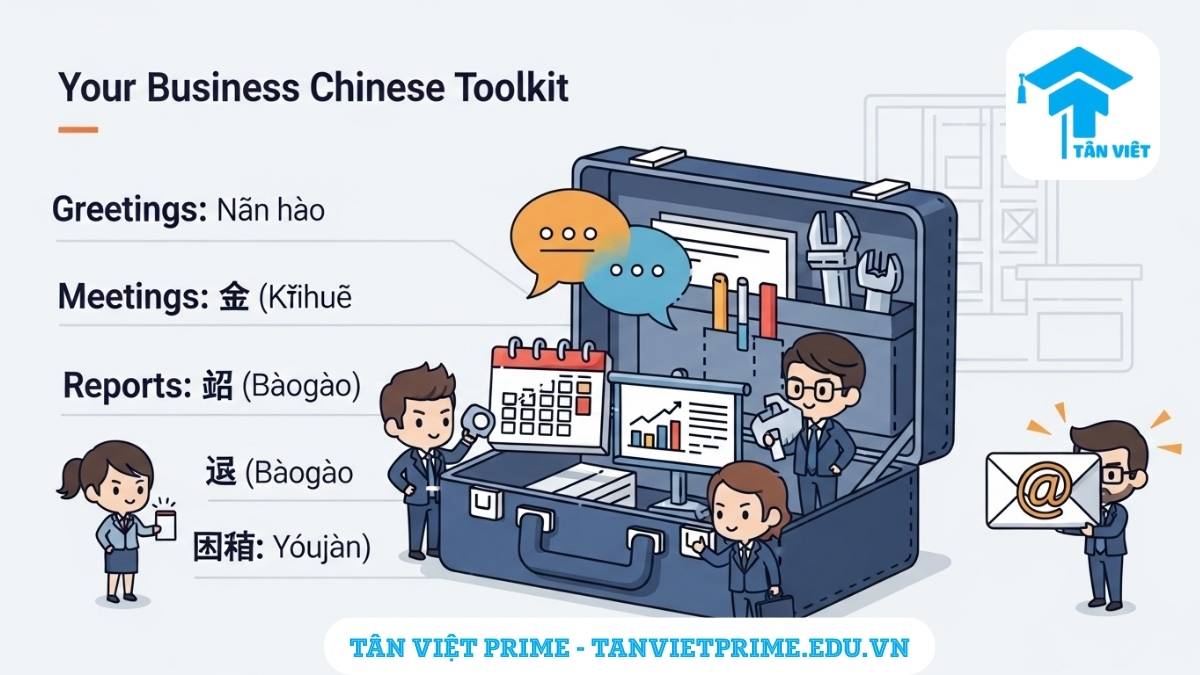 Tiếng Trung Giao Tiếp Cho Người Đi Làm: 100+ Mẫu Câu & Từ Vựng Công Sở 2 Infographic giải thích các kỹ năng tiếng Trung giao tiếp cho người đi làm, mô tả một chiếc cặp công sở chứa các biểu tượng cho việc chào hỏi, họp, báo cáo, và email để làm rõ những mẫu câu và từ vựng thiết yếu trong môi trường chuyên nghiệp.