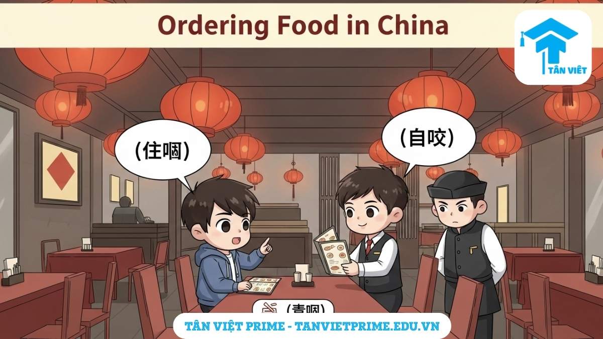 Từ Vựng Tiếng Trung Du Lịch 2025: 150+ Từ & Mẫu Câu "Sống Sót" Phải Biết 3 Hình ảnh minh họa giải thích mẫu câu tiếng Trung giao tiếp trong nhà hàng, mô tả du khách chibi đang gọi món ăn với các cụm từ chính như "càidān" (thực đơn) và "mǎidān" (thanh toán) để áp dụng từ vựng vào tình huống thực tế. Giúp tự tin gọi món và thanh toán khi đi du lịch Trung Quốc.