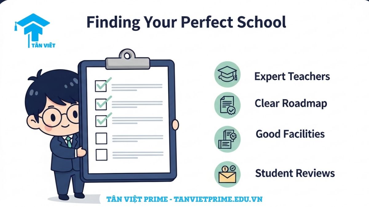 Infographic giải thích các tiêu chí chọn trung tâm tiếng Hàn, mô tả nhân vật chibi cầm một checklist với các biểu tượng về giáo viên, giáo trình, và cơ sở vật chất để làm rõ các yếu tố quan trọng của một trung tâm uy tín. Kinh nghiệm chọn trung tâm tiếng Hàn chất lượng.