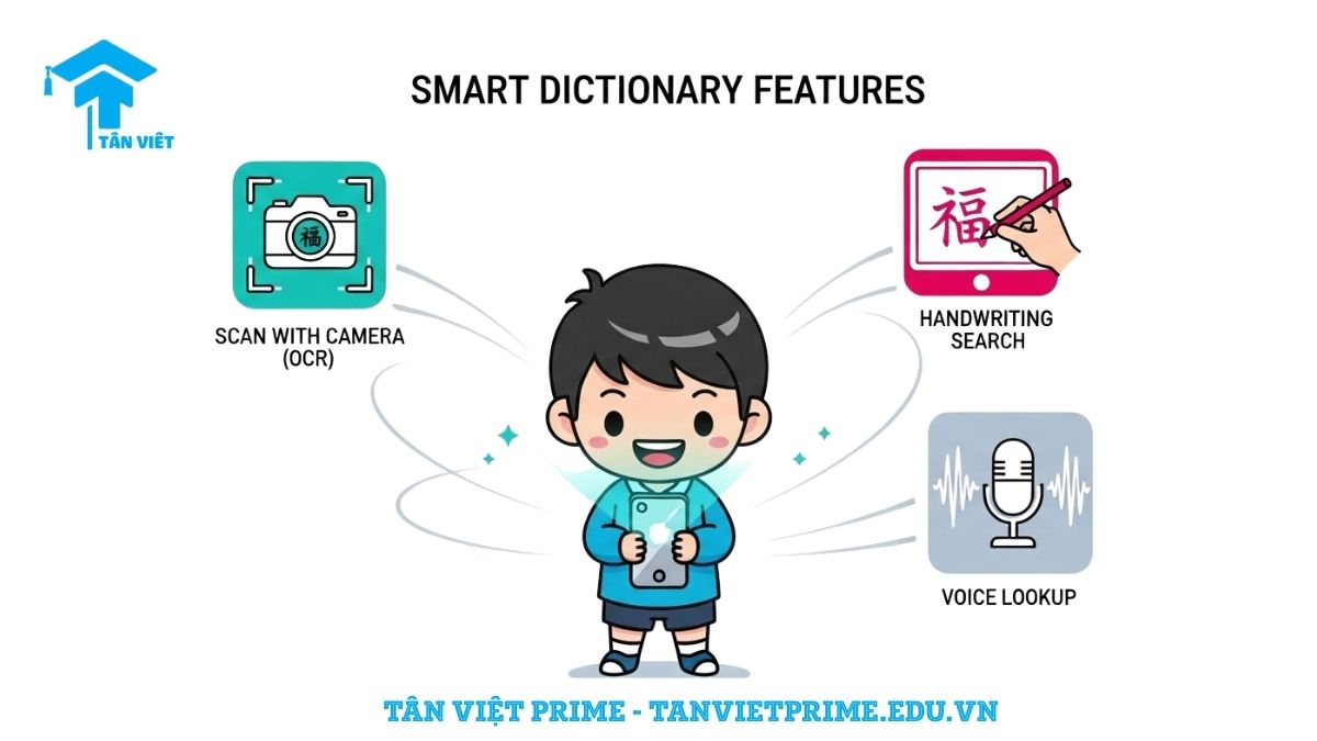 Top 12+ Từ Điển Tiếng Trung Online & App Miễn Phí, Tốt Nhất 2025 3 Hình ảnh minh họa các tính năng thông minh của từ điển tiếng Trung, với một nhân vật chibi và các biểu tượng đại diện cho việc tra cứu bằng camera, viết tay và giọng nói, làm rõ các công nghệ AI hỗ trợ học tập.