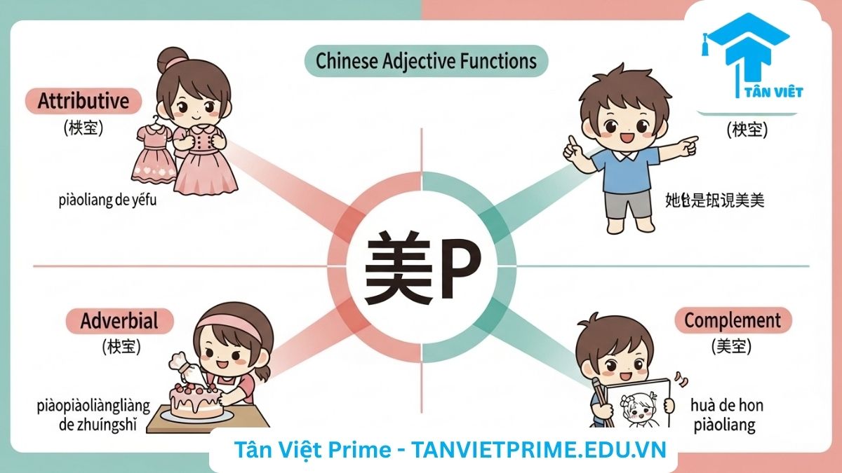 Infographic giải thích 4 chức năng ngữ pháp của tính từ trong tiếng Trung, mô tả một nhân vật chibi sử dụng tính từ "đẹp" (美) trong bốn vai trò: Định ngữ (漂亮的衣服), Vị ngữ (她很漂亮), Trạng ngữ (漂漂亮亮地装饰), và Bổ ngữ (画得很漂亮) để làm rõ cách tính từ thay đổi vị trí và chức năng trong câu. Giúp người học phân biệt cách dùng chính xác.