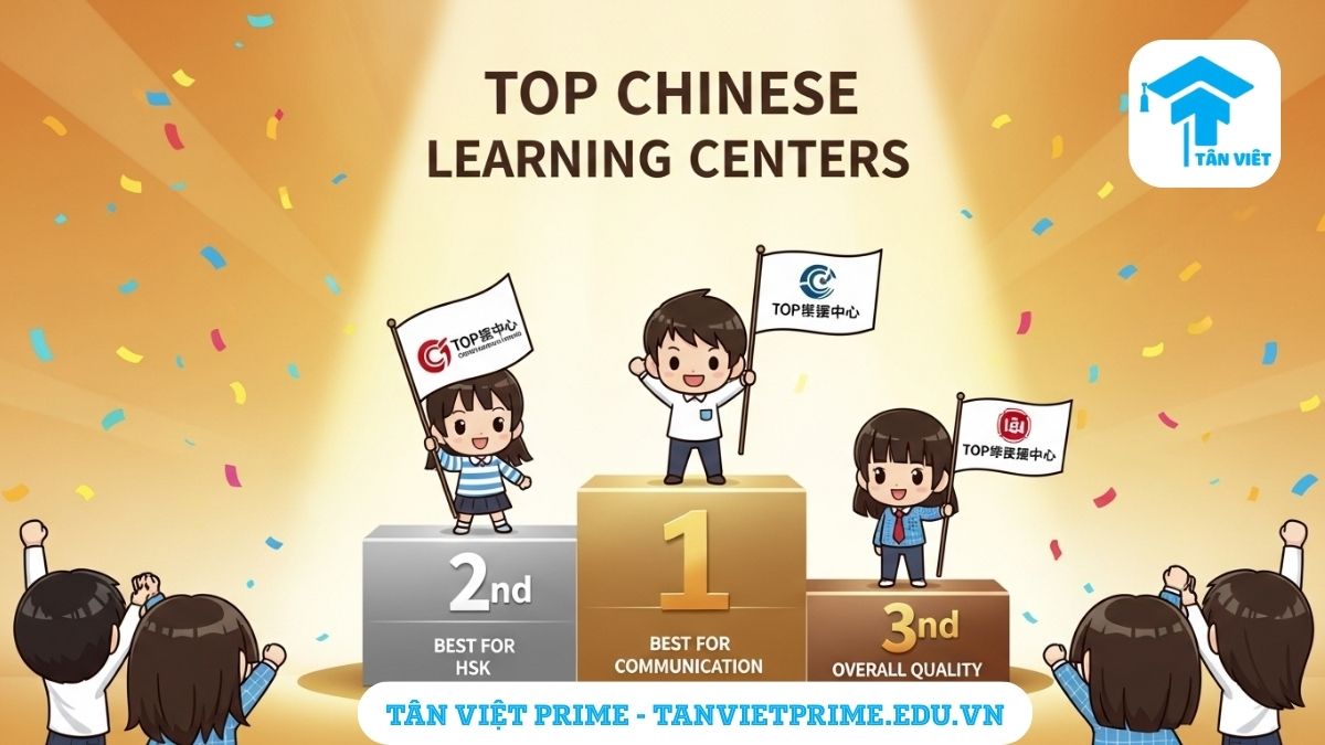 Infographic xếp hạng các trung tâm tiếng Trung tốt nhất Hà Nội, mô tả các học viên chibi đứng trên bục vinh danh với logo các trung tâm uy tín để làm rõ những địa chỉ học chất lượng hàng đầu.