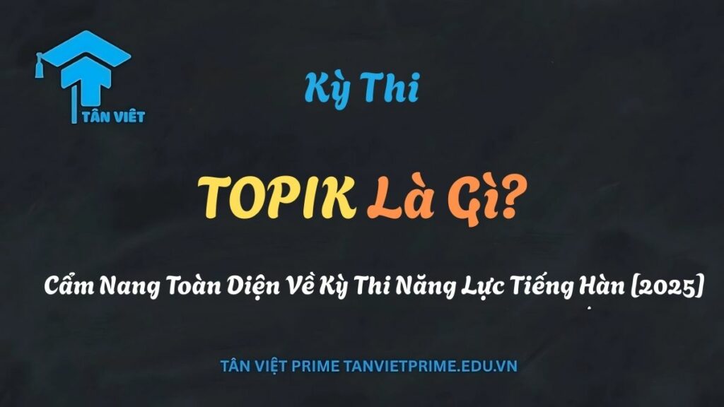 Infographic tổng quan giải thích TOPIK là gì, mô tả cấu trúc kỳ thi năng lực tiếng Hàn, các kỹ năng được đánh giá và 6 cấp độ năng lực, giúp người học hình dung rõ về chứng chỉ TOPIK