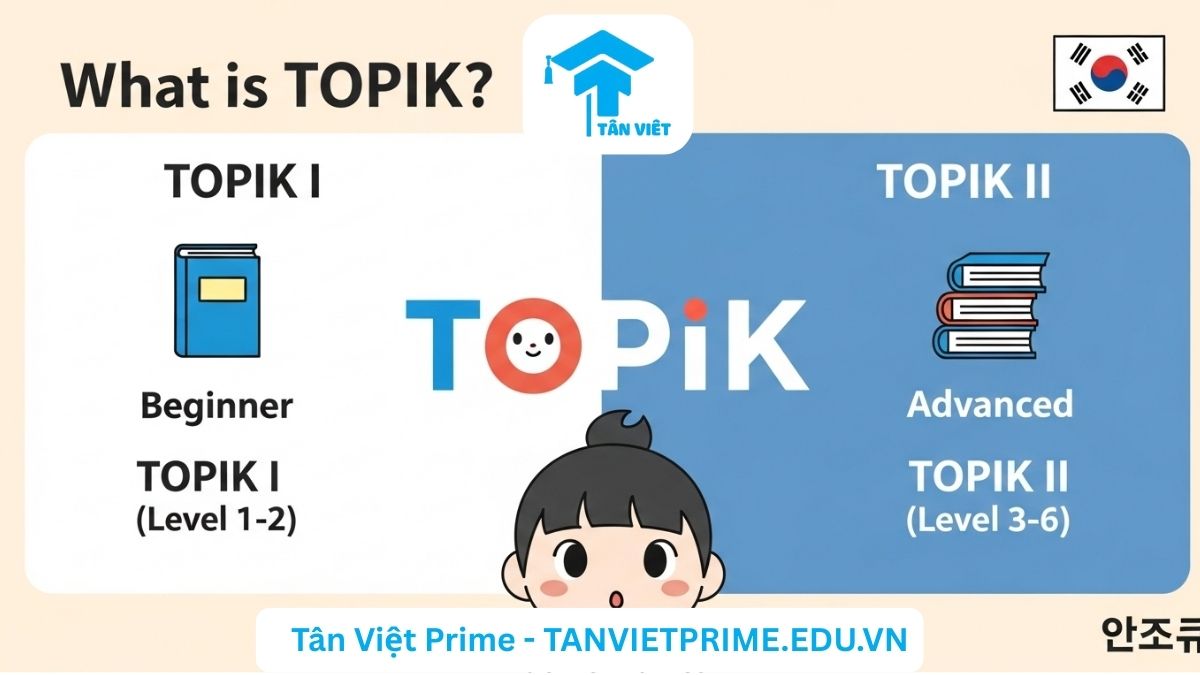 Infographic giải thích TOPIK là gì, mô tả một nhân vật chibi dễ thương bên cạnh logo TOPIK và sự phân biệt giữa hai cấp độ TOPIK I (Sơ cấp) và TOPIK II (Trung-Cao cấp) để làm rõ khái niệm cơ bản về Kỳ thi Năng lực Tiếng Hàn. Giới thiệu tổng quan về chứng chỉ tiếng Hàn quan trọng nhất.