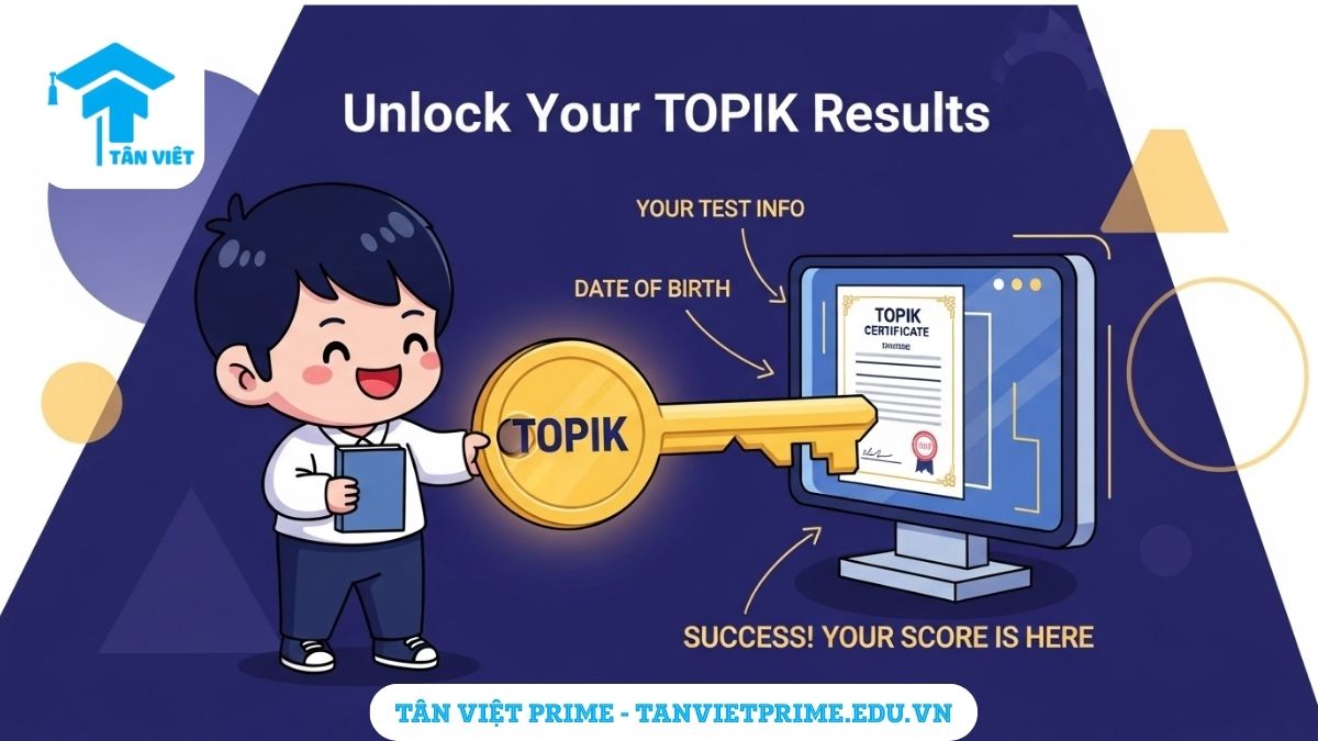 Hướng Dẫn Tra Cứu Điểm Thi TOPIK 2025 (Nhanh & Chính Xác) Kèm Lịch Trả Kết Quả 3 Hình ảnh minh họa giải thích việc tra cứu điểm thi TOPIK, mô tả một nhân vật chibi dùng chiếc chìa khóa "thông tin" để mở khóa màn hình máy tính và xem kết quả thành công để làm rõ cảm giác thành tựu khi xem điểm. Hình ảnh truyền cảm hứng và động lực.