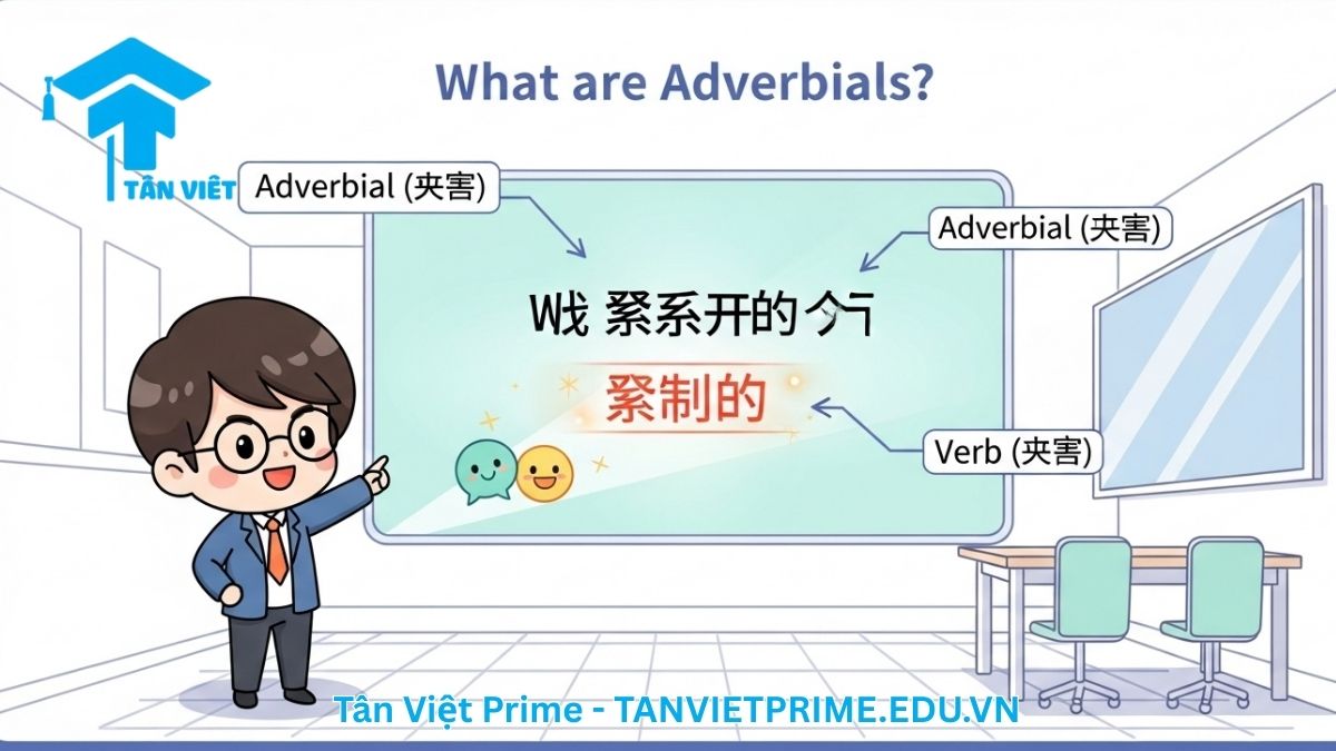 Infographic giải thích khái niệm Trạng ngữ (状语) trong tiếng Trung, mô tả một cô giáo chibi chỉ vào phần trạng ngữ được làm nổi bật trong một câu ví dụ, giúp người học hiểu rõ vai trò và vị trí của trạng ngữ.
