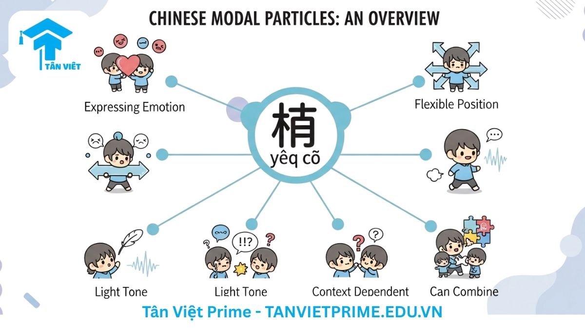 Infographic giải thích tổng quan về trợ từ ngữ khí tiếng Trung, mô tả các đặc điểm chính như biểu thị cảm xúc, vị trí linh hoạt, thanh nhẹ, phụ thuộc ngữ cảnh và khả năng kết hợp để làm rõ tầm quan trọng của chúng. Hình ảnh minh họa dễ hiểu, màu sắc hiện đại.