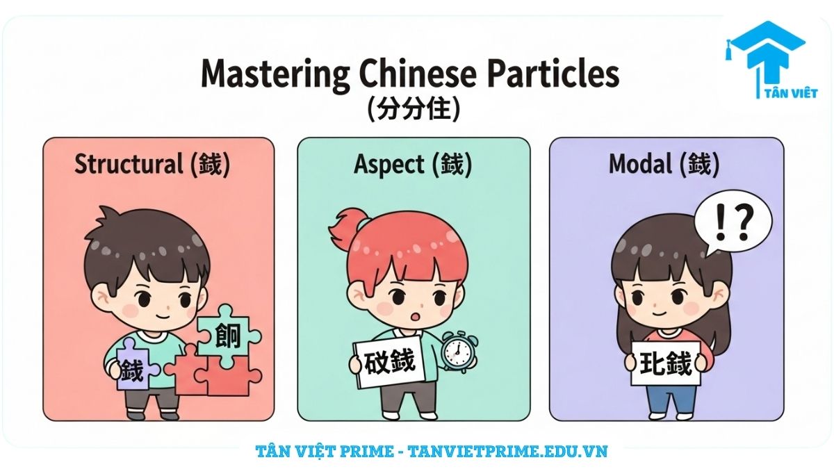 Infographic giải thích phân loại trợ từ tiếng Trung (助词), mô tả ba nhân vật chibi dễ thương đại diện cho 3 loại chính: Trợ từ Kết cấu, Động thái và Ngữ khí, để làm rõ vai trò và chức năng của từng loại. Giúp người học nhận biết và phân biệt các trợ từ cơ bản.
