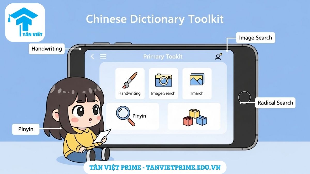 Từ Điển Chữ Hán: Top 7+ App & Website Tốt Nhất 2025 (Miễn Phí) 2 Infographic giải thích các tính năng chính của một từ điển chữ Hán hiện đại, mô tả một nhân vật chibi đang xem các biểu tượng tra cứu bằng viết tay, hình ảnh, pinyin và bộ thủ để làm rõ các công cụ cần có khi chọn app học tiếng Trung.